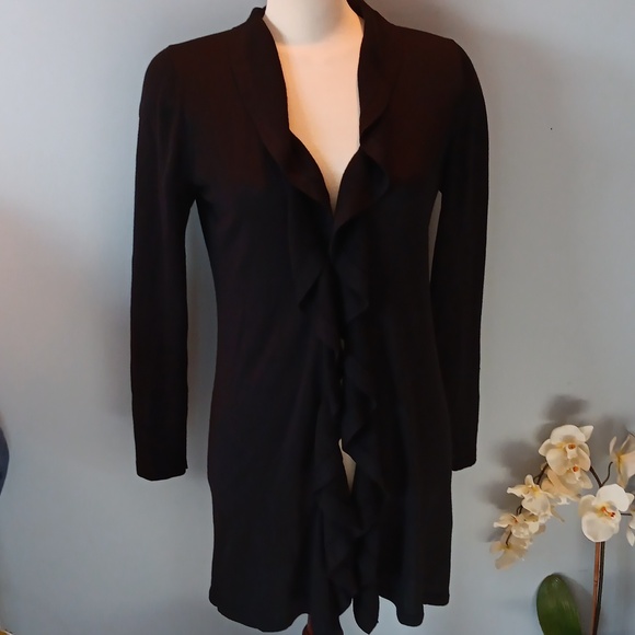 HP Elie Tahari silk cashmere black ruffle front cardigan - Picture 1 of 5